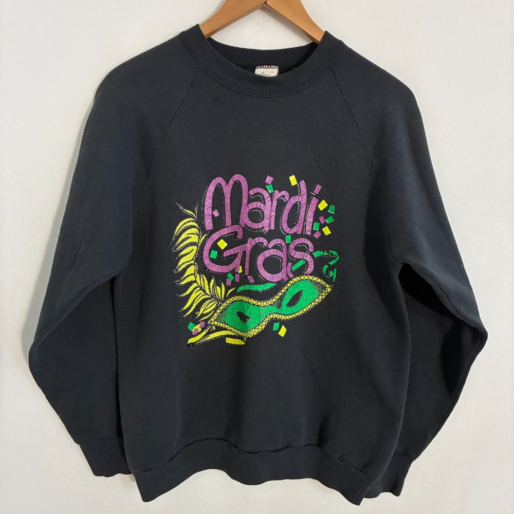 Vtg 90s Mardi Gras Mask USA Made Sweatshirt Men L Confetti Graphic FOTL